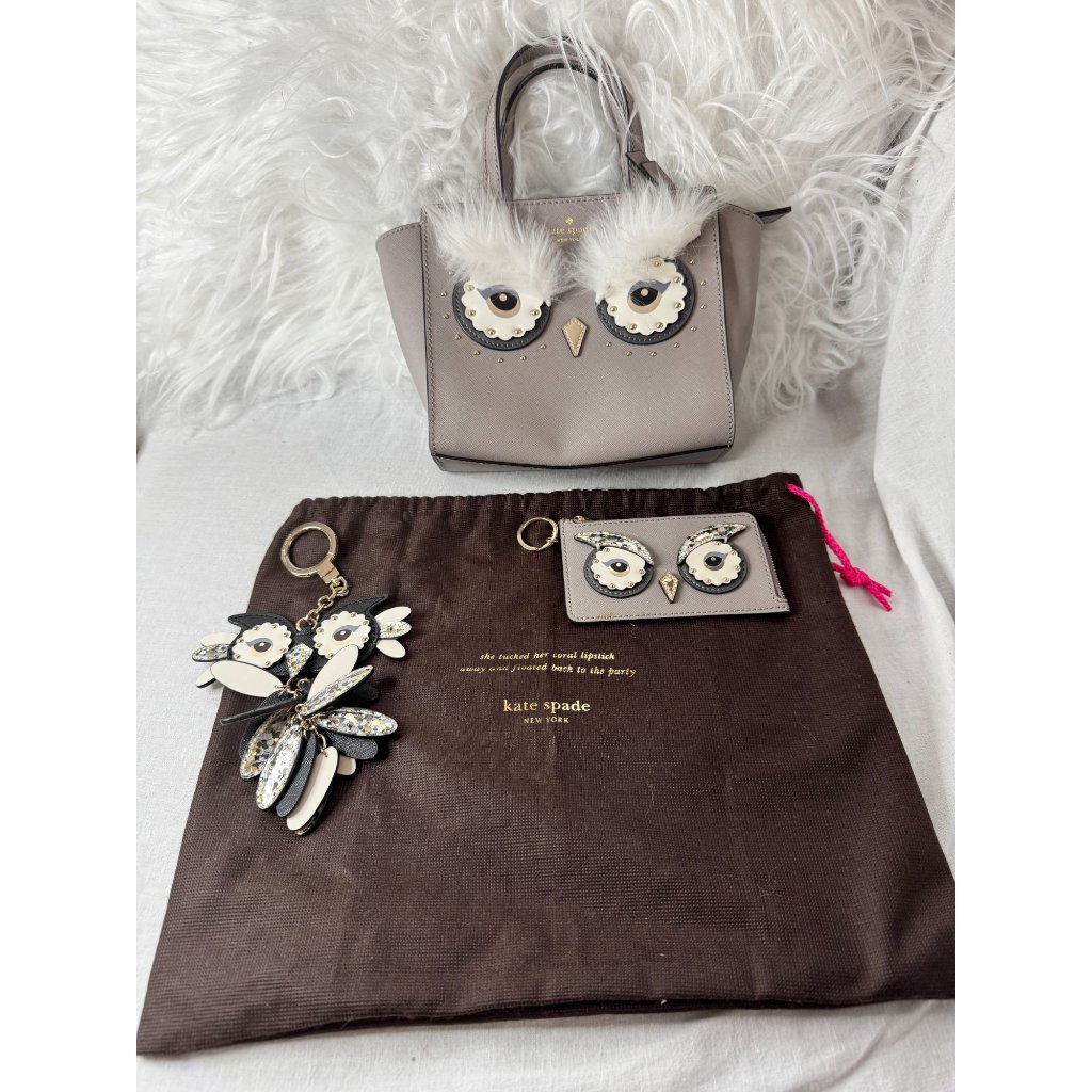 Kate Spade Set Of 4 - Owl-Themed Bag, Cardholder & Keychain Set With Dustbag